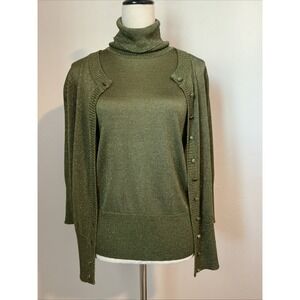 Zara Olive Green Metallic Set Sleeveless Turtleneck 3/4 Sleeve Cardigan Large